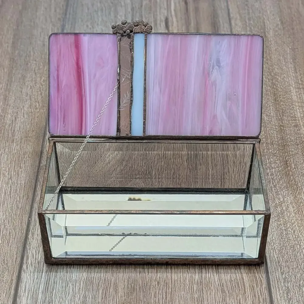 Vintage Stained Glass Jewelry Box with Pink Swirl Art Glass Lid and Mirrored Bot